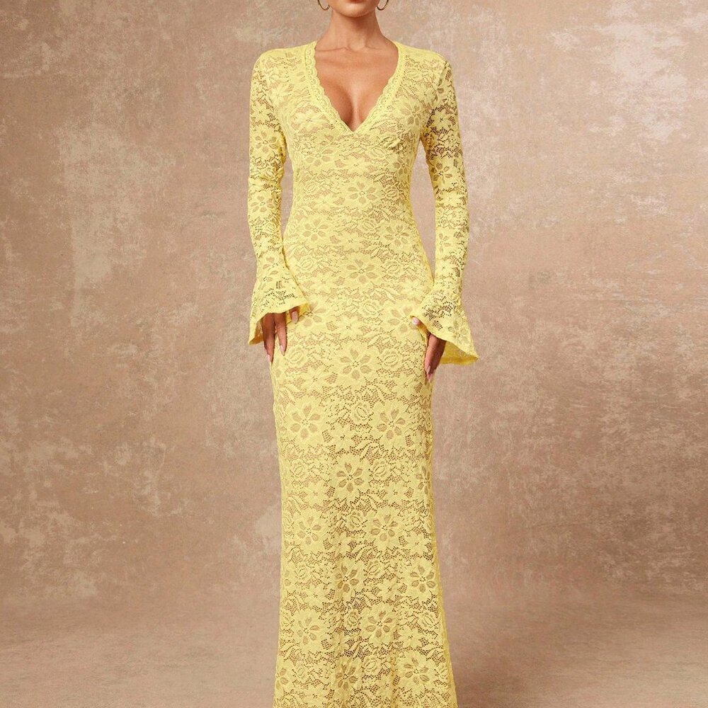 Yellow Elegant Women's Bodycon Lace Dress